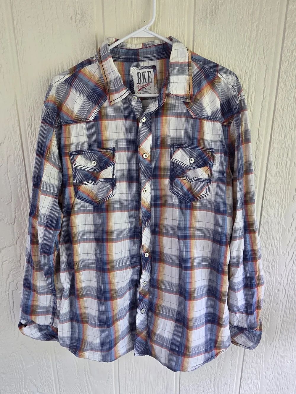 Men's BKE Plaid Button-Down Shirt in Blue, Orange & White, Size XL